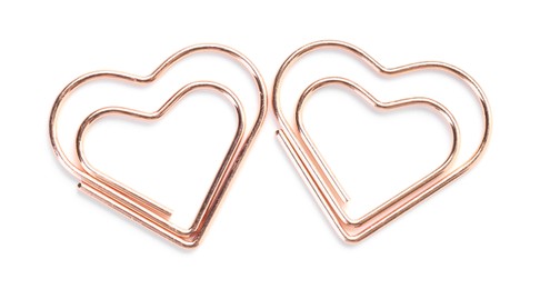 Photo of Heart shaped paper clips isolated on white, top view