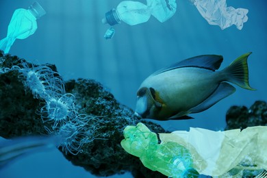 Environmental pollution. Ocean water with marine life and plastic garbage