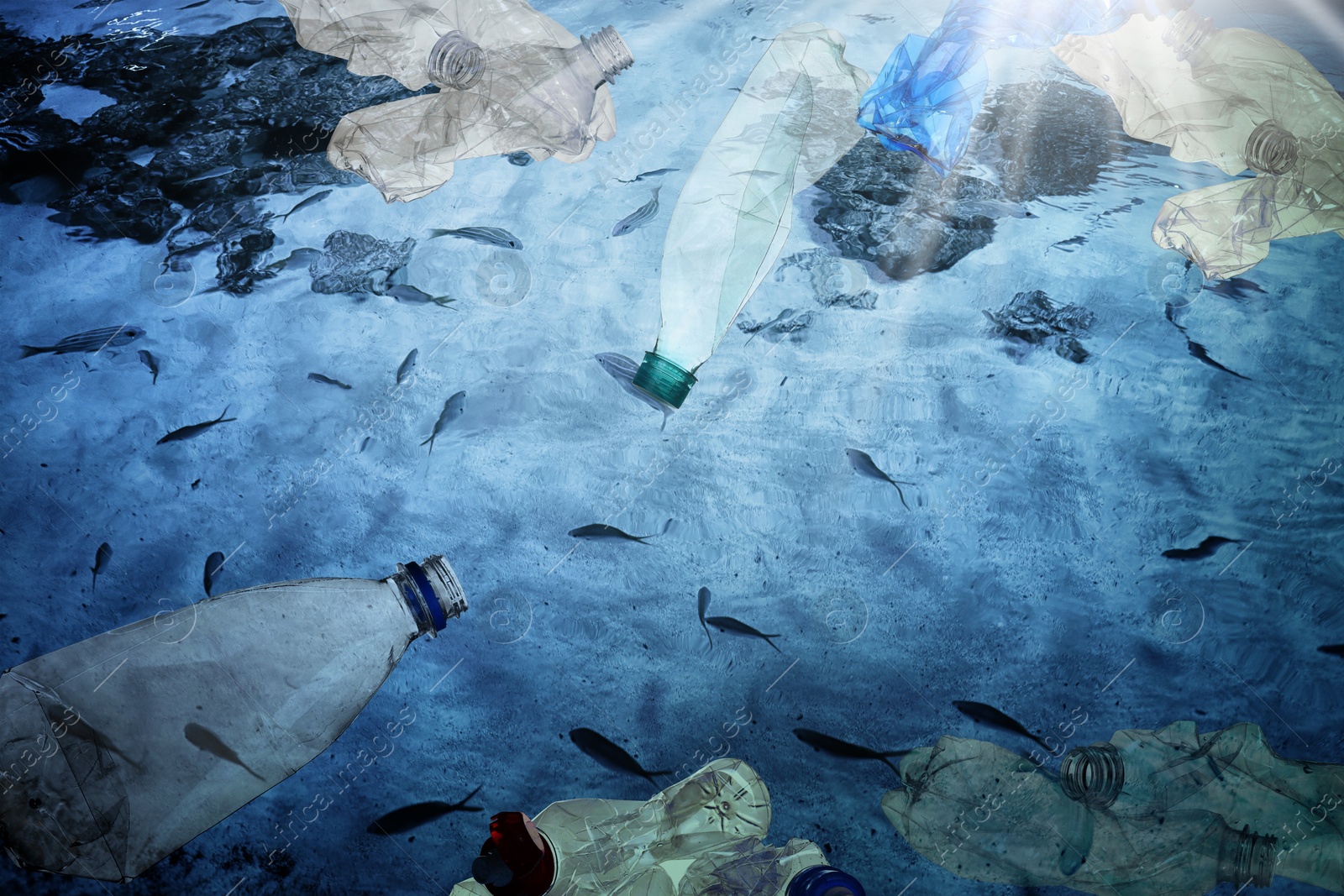 Image of Environmental pollution. Ocean water with marine life and plastic garbage