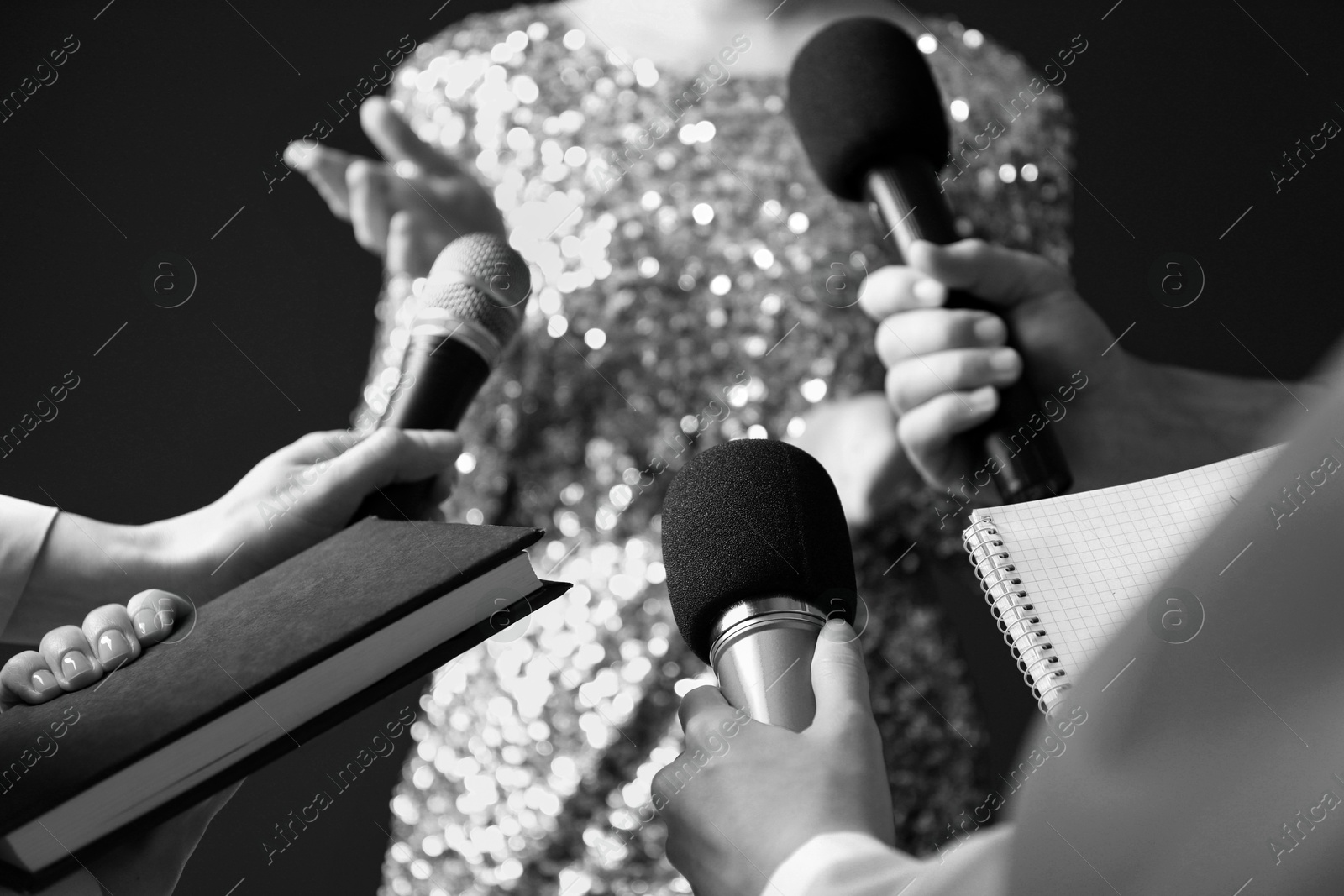 Image of Journalists interviewing celebrity, closeup. Toned in black-and-white