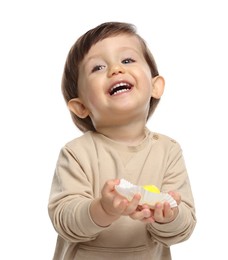 Photo of Cute little child with tasty mochi on white background