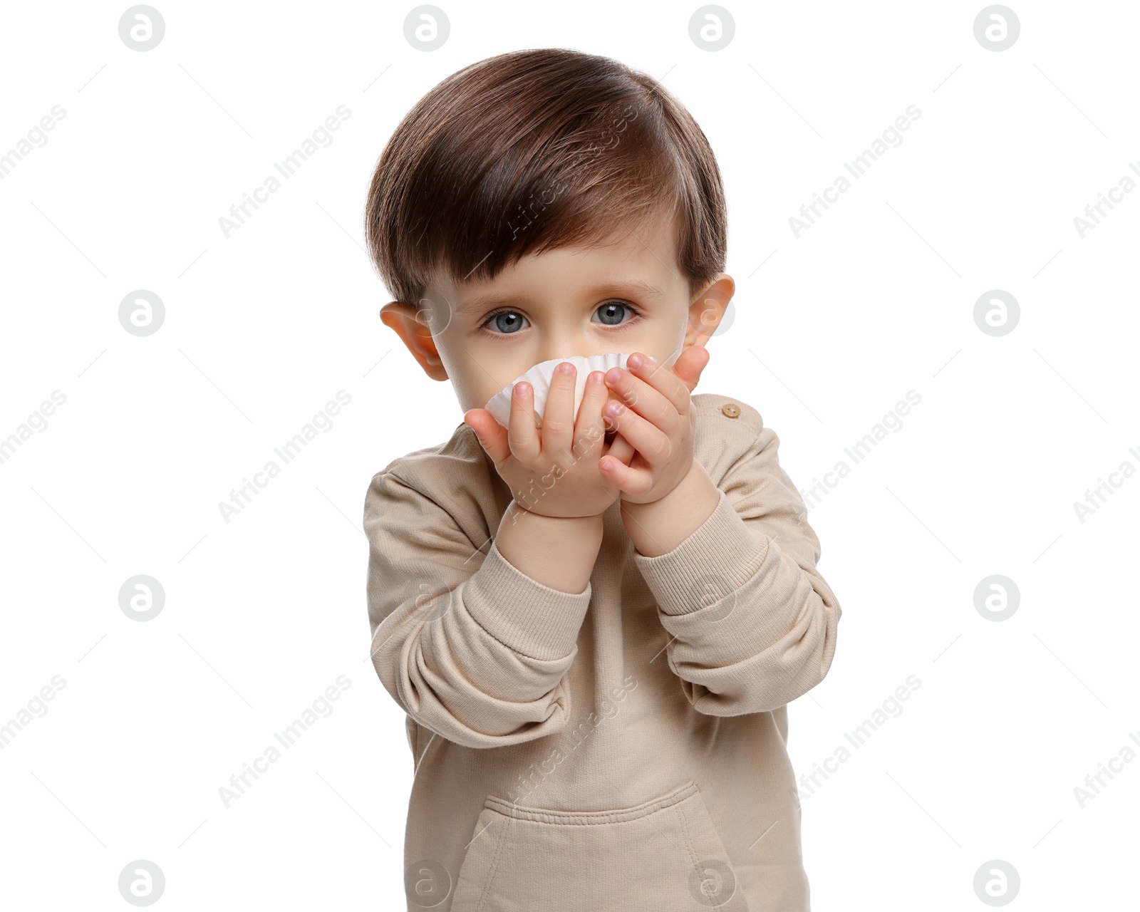 Photo of Cute little child eating tasty mochi on white background