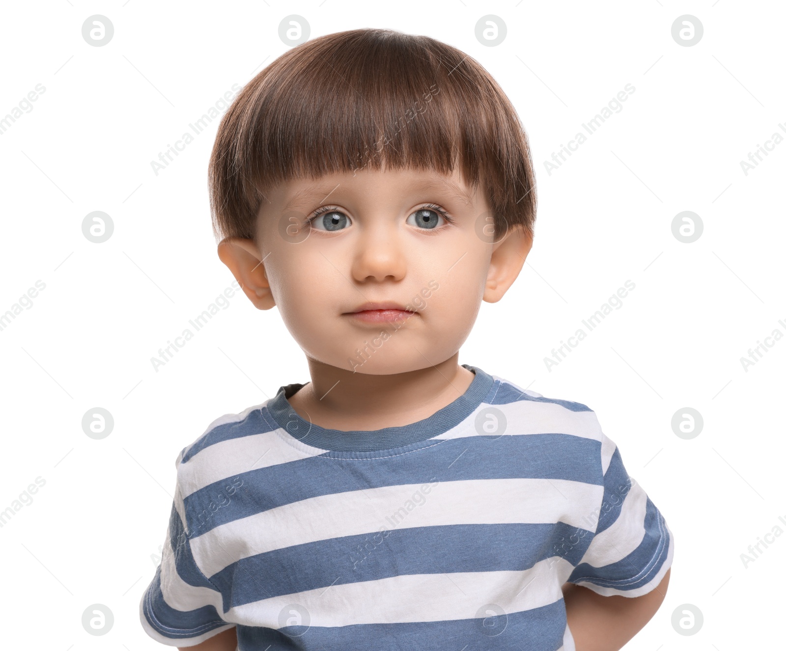 Photo of Portrait of adorable little boy on white background