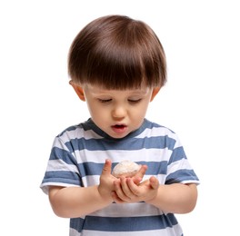 Photo of Cute little child with tasty mochi on white background