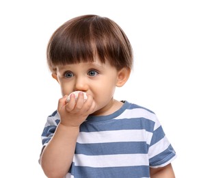 Photo of Cute little child eating tasty mochi on white background