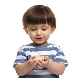 Photo of Cute little child with tasty mochi on white background