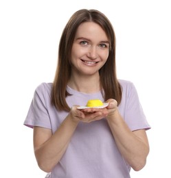 Photo of Woman with tasty mochi on white background