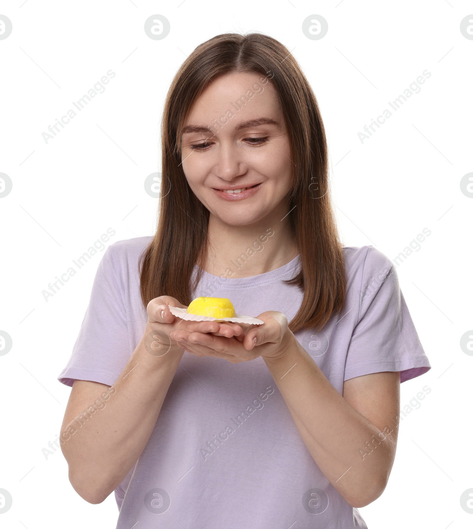 Photo of Woman with tasty mochi on white background