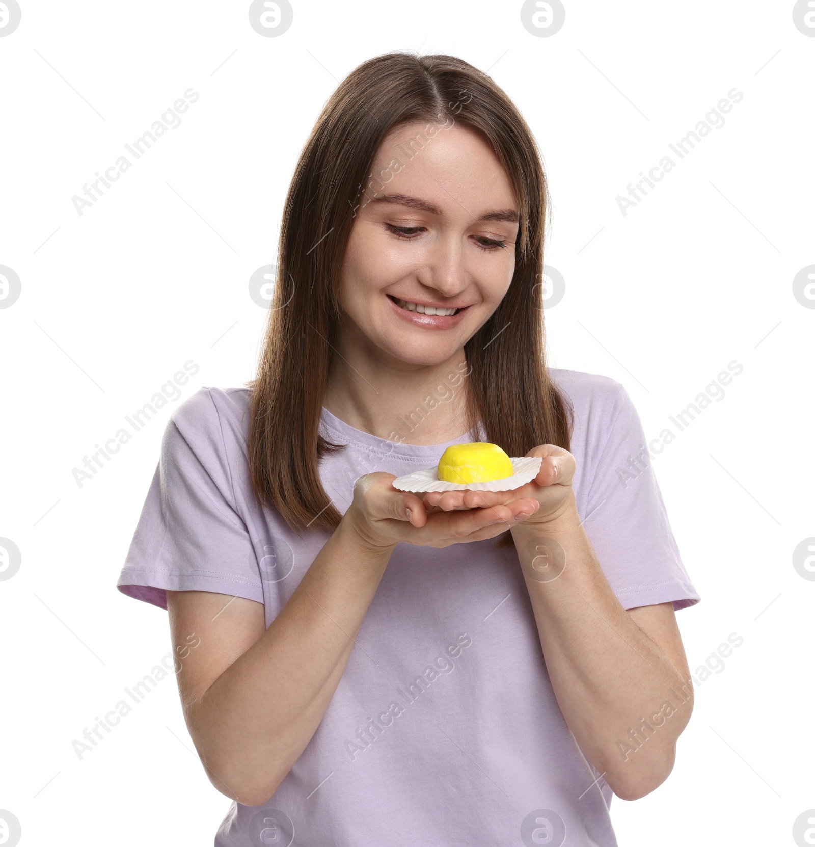 Photo of Woman with tasty mochi on white background