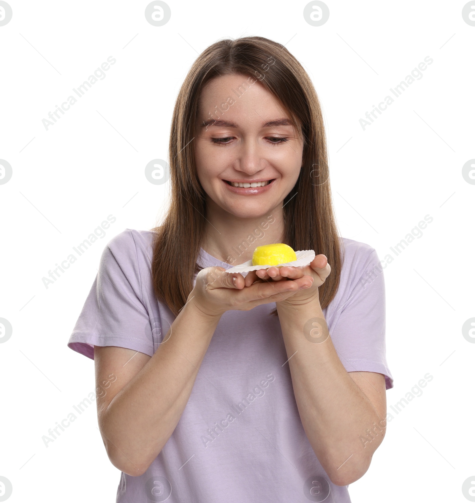 Photo of Woman with tasty mochi on white background