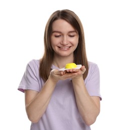 Photo of Woman with tasty mochi on white background