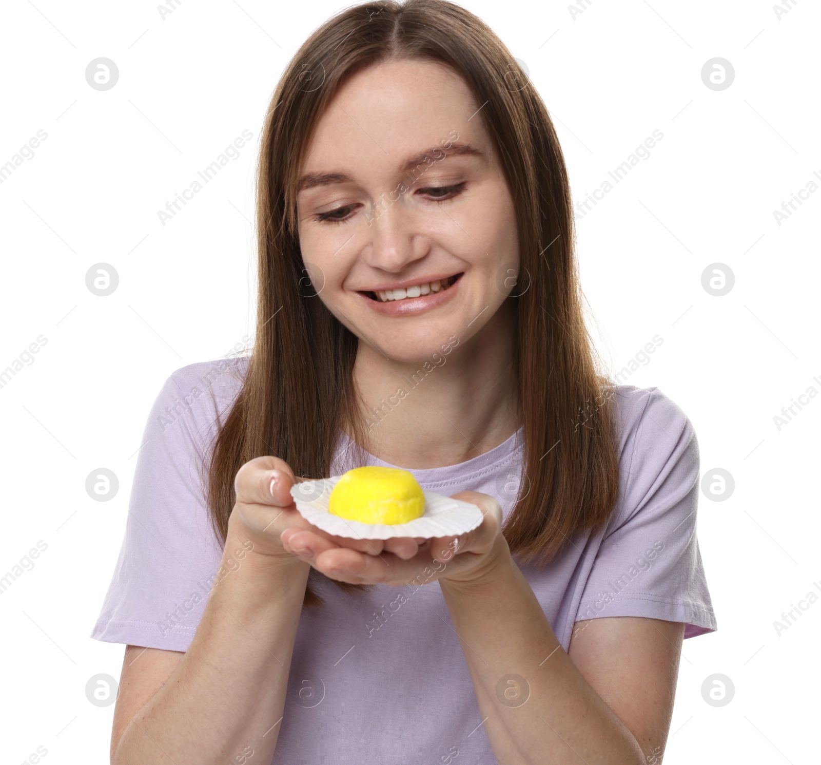 Photo of Woman with tasty mochi on white background