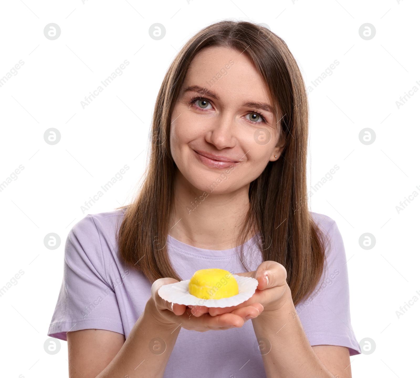 Photo of Woman with tasty mochi on white background