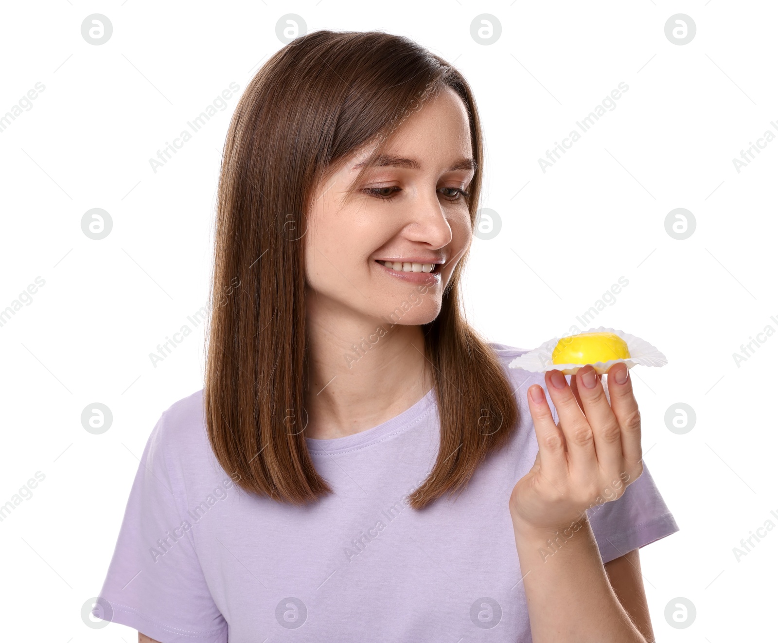 Photo of Woman with tasty mochi on white background