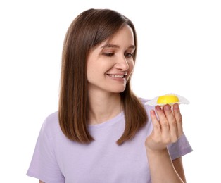 Photo of Woman with tasty mochi on white background