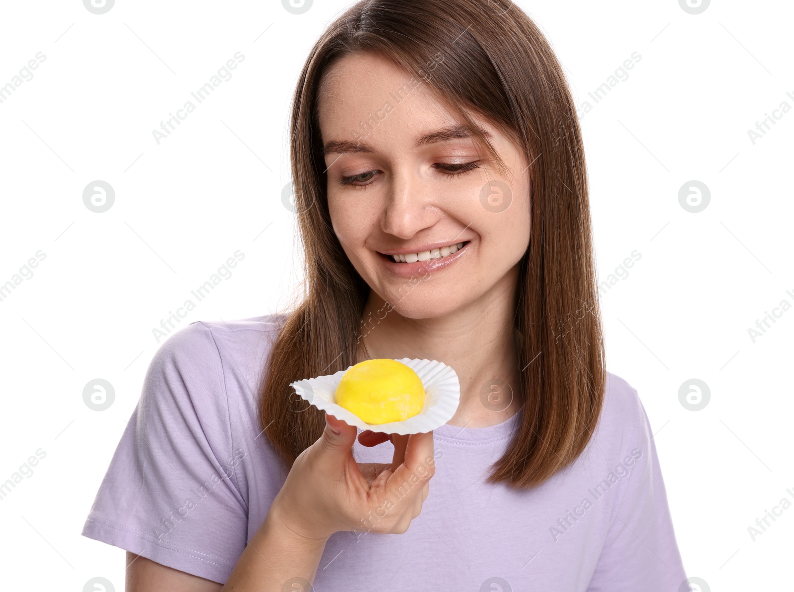 Photo of Woman with tasty mochi on white background