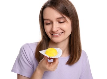 Photo of Woman with tasty mochi on white background