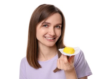 Photo of Woman with tasty mochi on white background