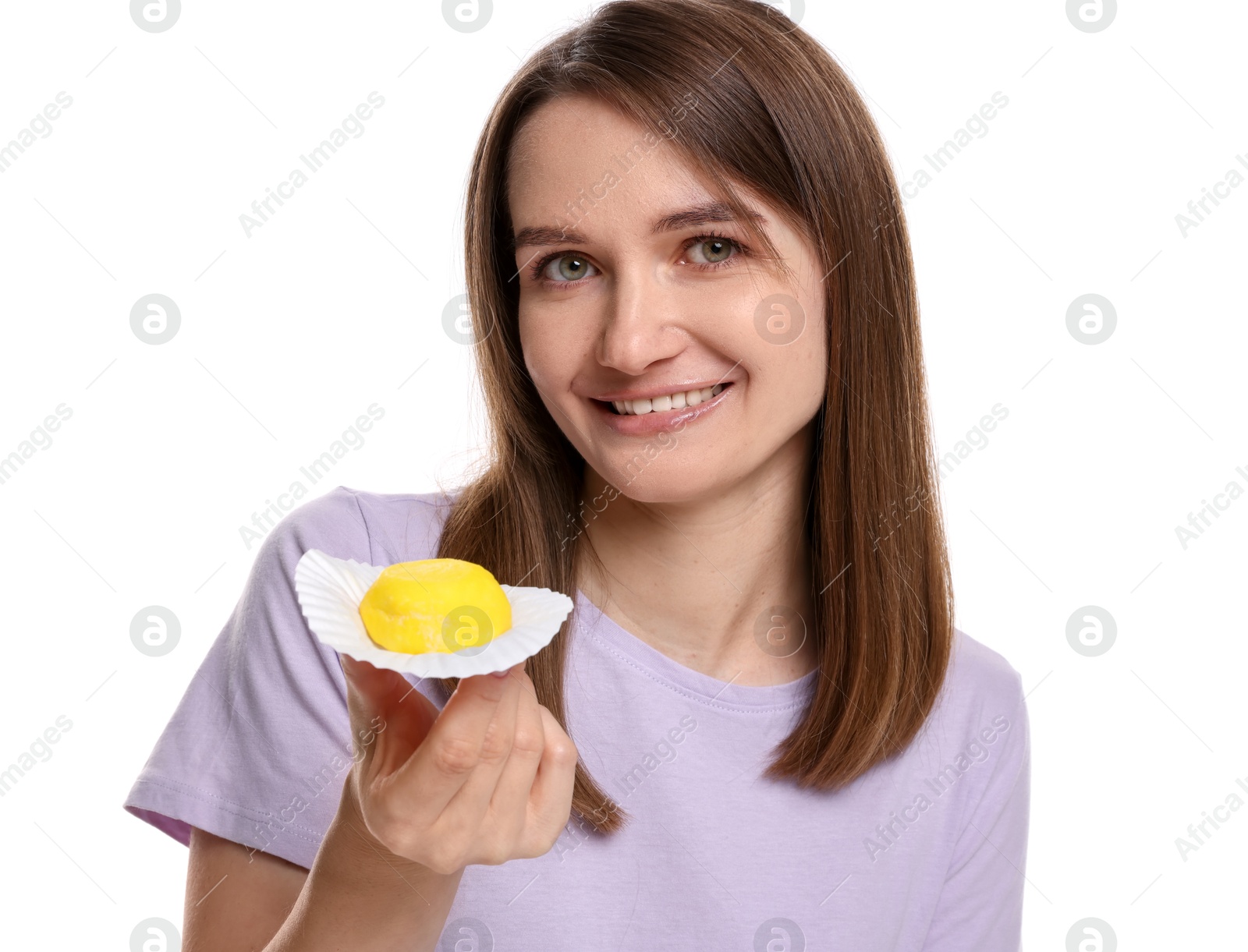 Photo of Woman with tasty mochi on white background