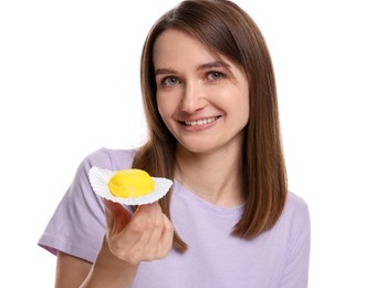 Photo of Woman with tasty mochi on white background