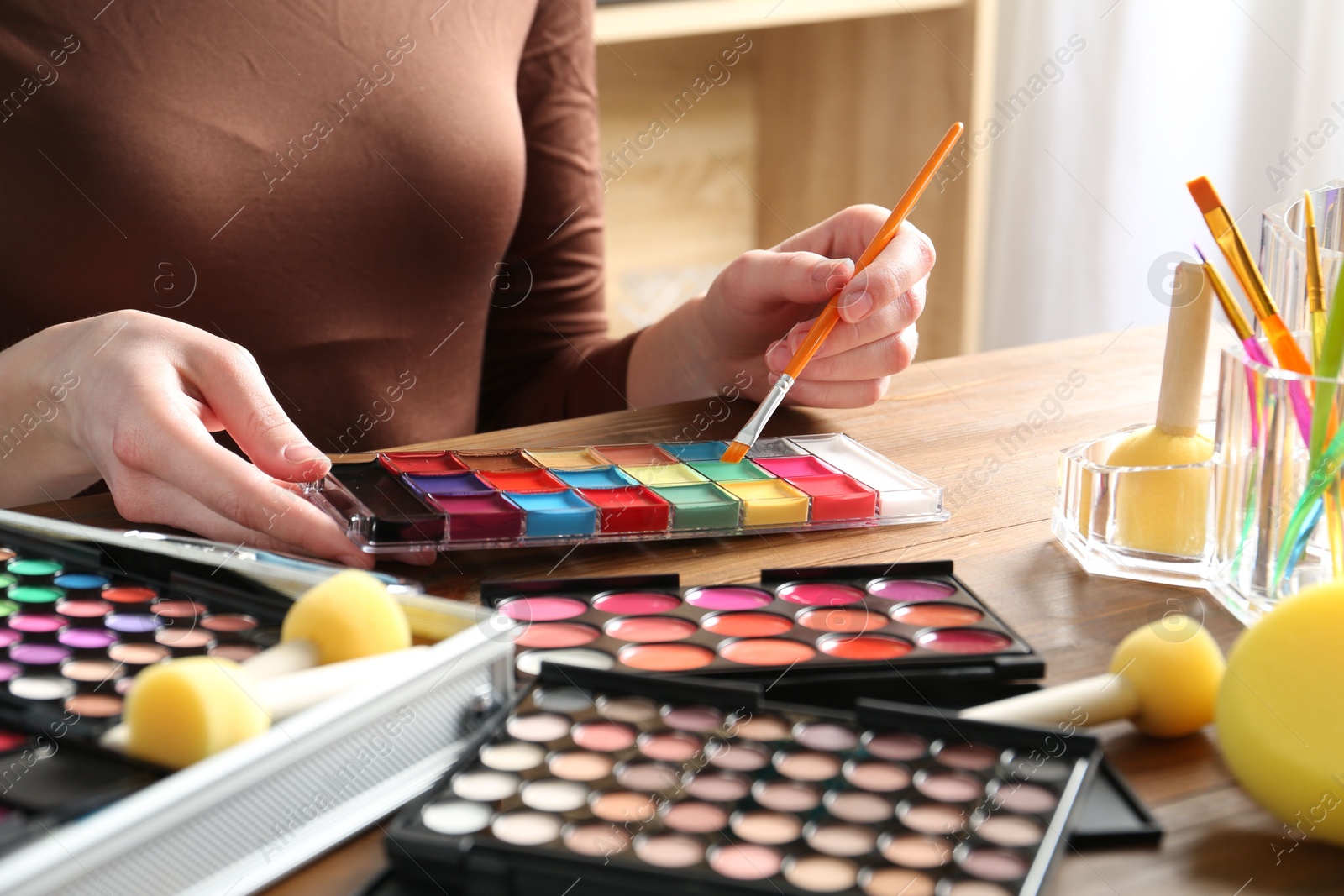 Photo of Professional artist with face painting products and tools at wooden table, closeup