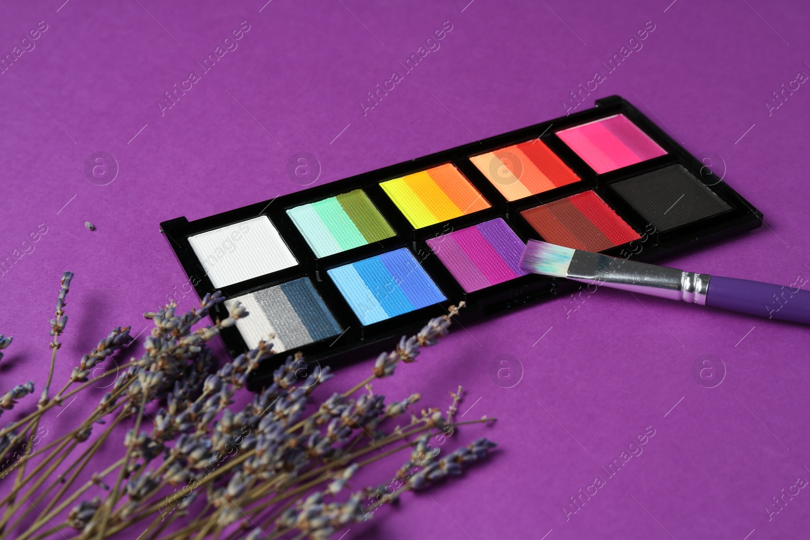 Photo of Face paints, brush and lavender on purple background, closeup