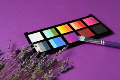 Photo of Face paints, brush and lavender on purple background, closeup