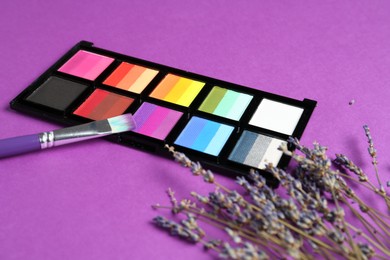 Photo of Face paints, brush and lavender on purple background, closeup