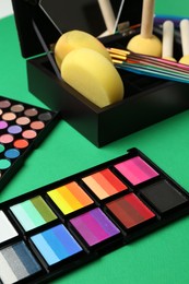 Photo of Face paints and tools on green background, closeup