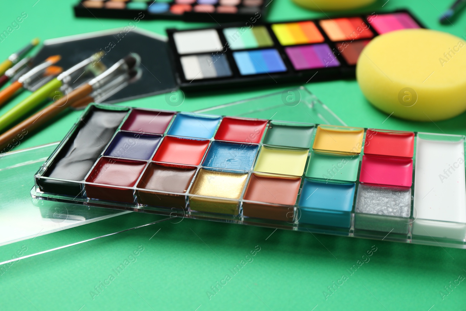 Photo of Face paints and tools on green background, closeup