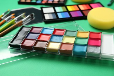 Photo of Face paints and tools on green background, closeup