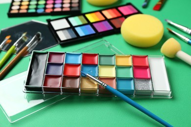 Photo of Face paints and tools on green background, closeup