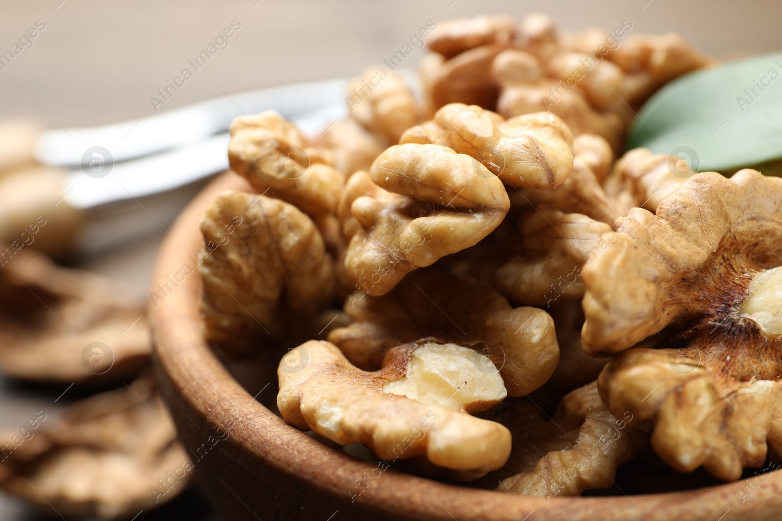 Photo of Peeled walnuts in bowl on table, closeup