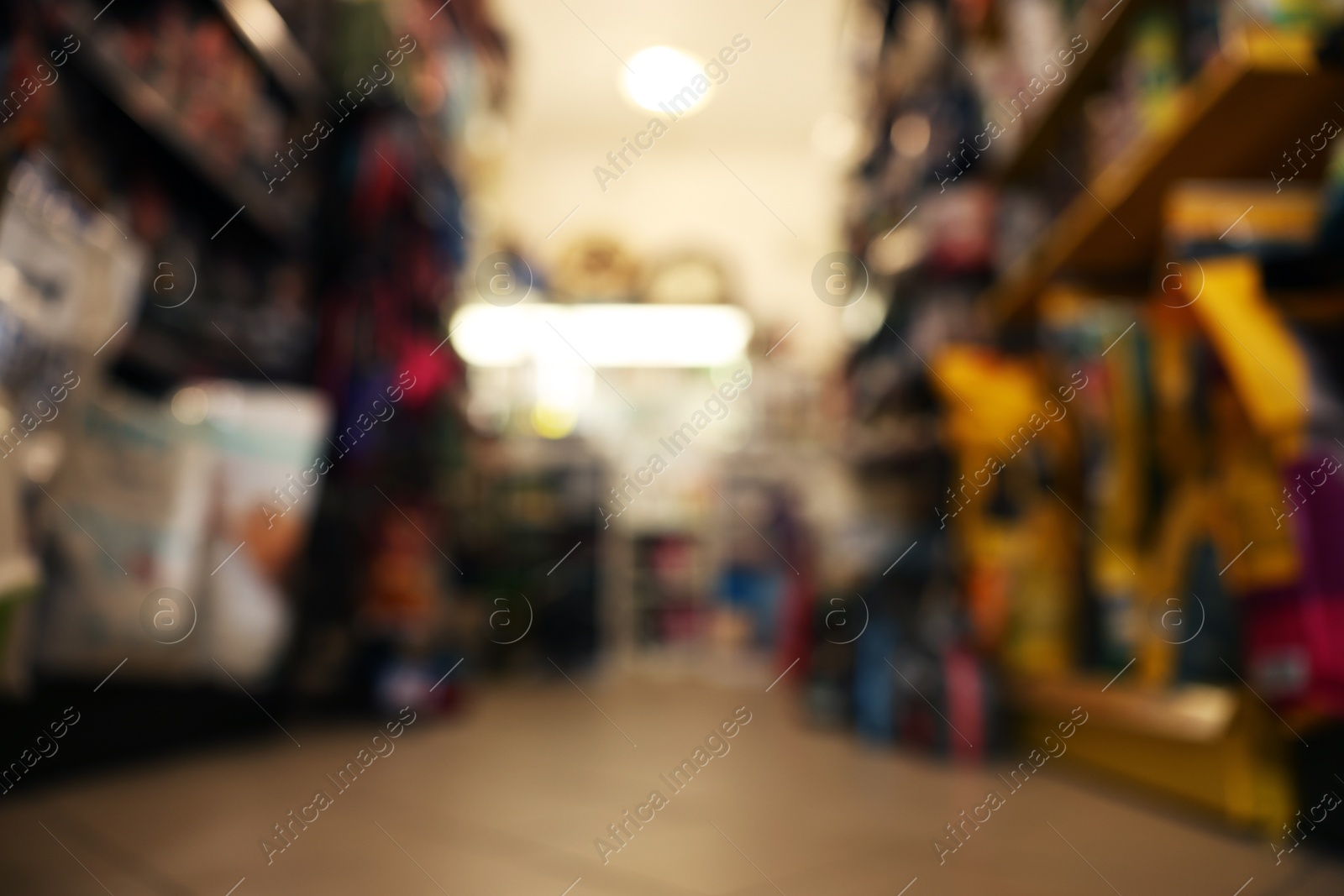 Photo of Blurred view of shelves with different products in pet shop