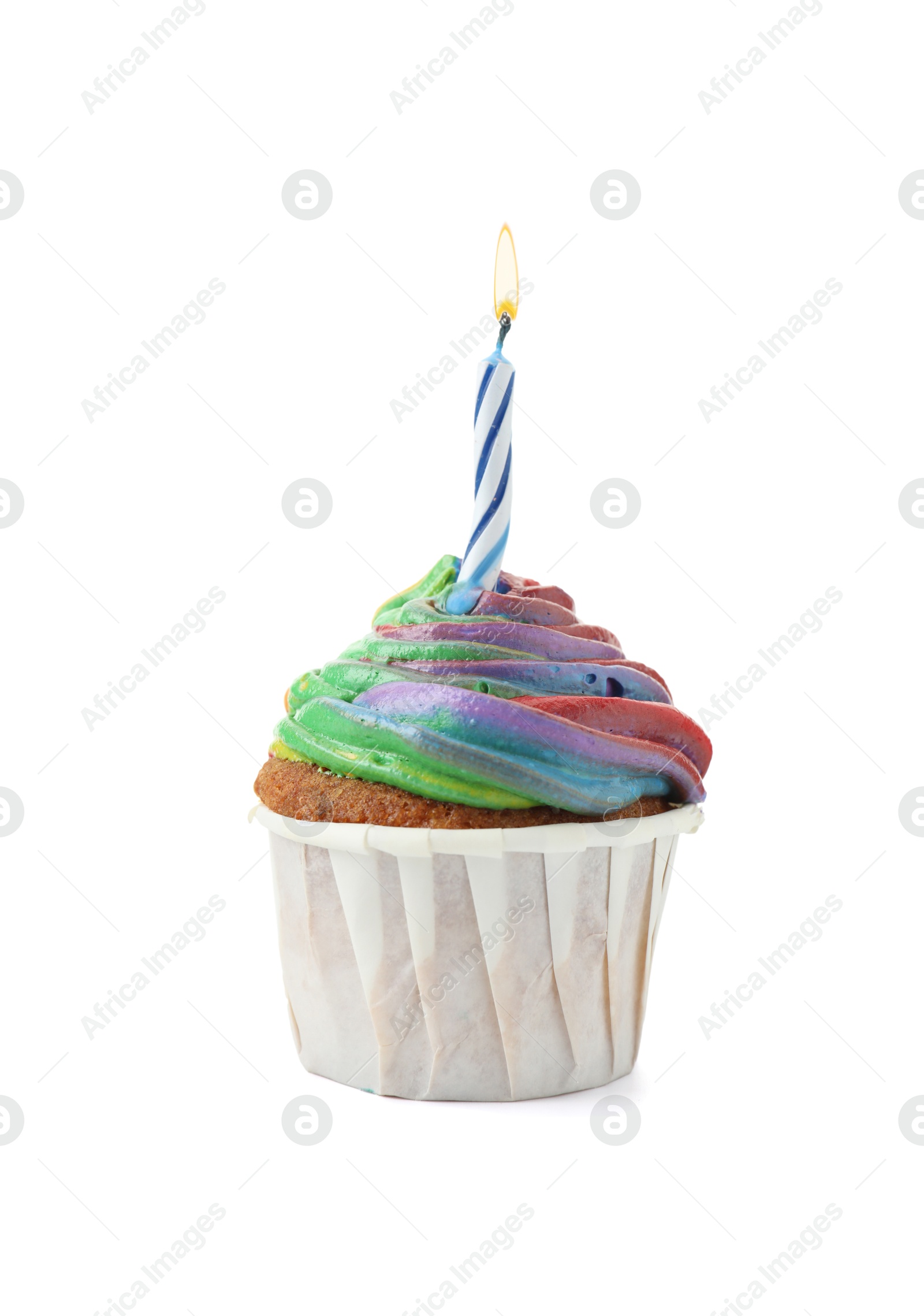 Photo of Delicious cupcake with colorful cream and candle isolated on white