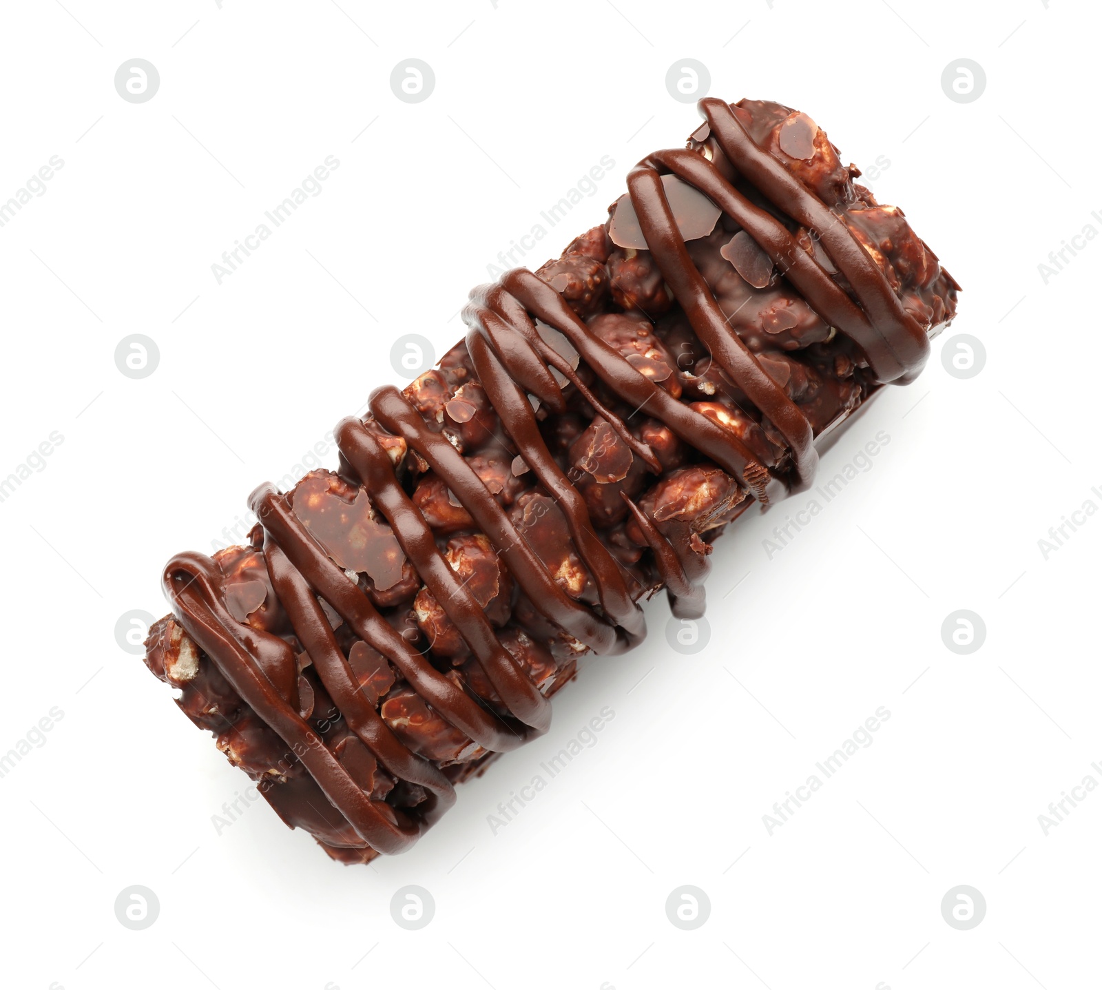 Photo of Delicious chocolate puffed rice bar isolated on white, top view