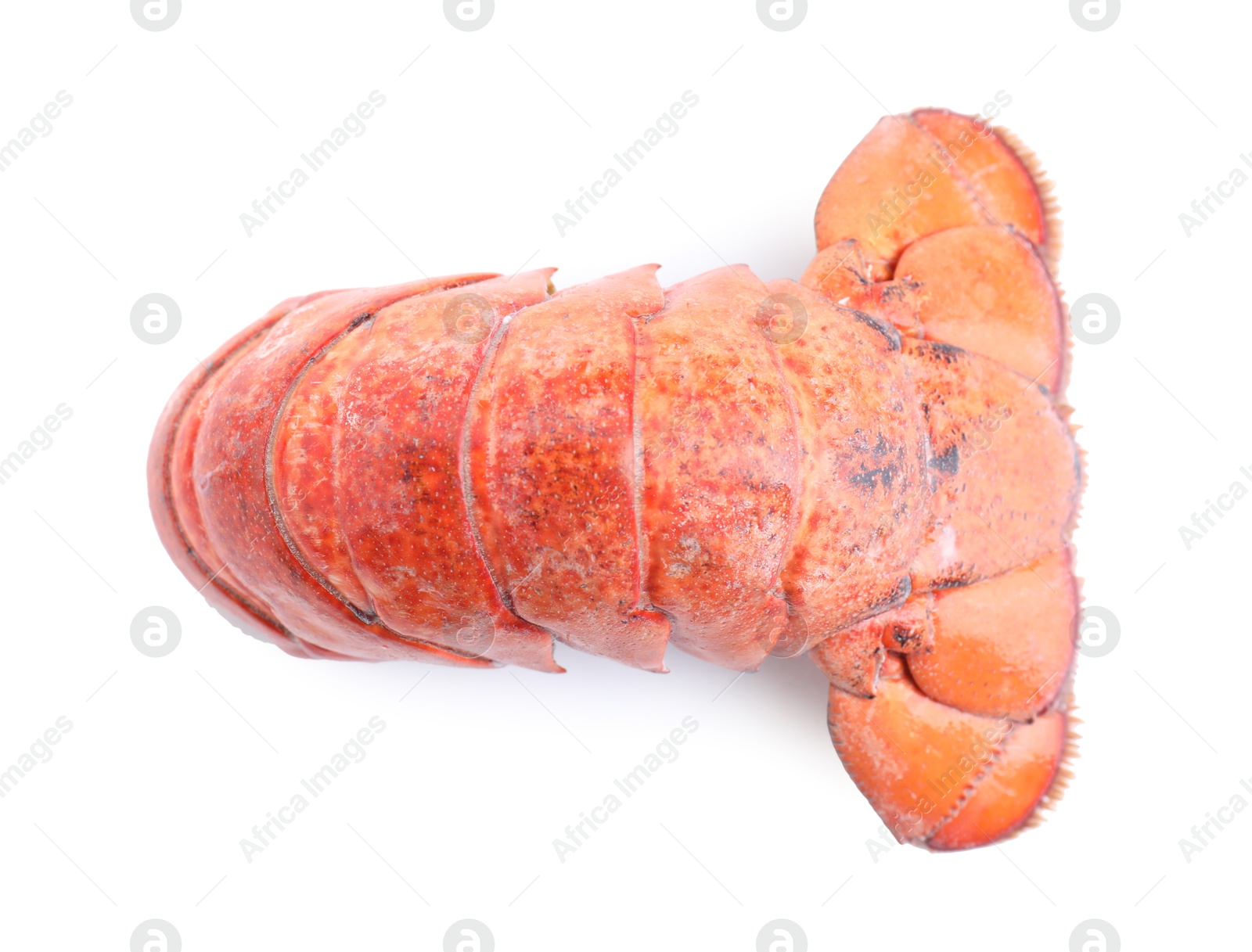 Photo of Tail of boiled lobster isolated on white, top view