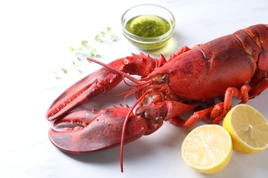 Photo of Delicious boiled lobster with oil, microgreens and lemon pieces on white table, closeup