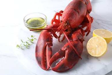 Photo of Delicious boiled lobster with oil, microgreens and lemon pieces on white table, closeup