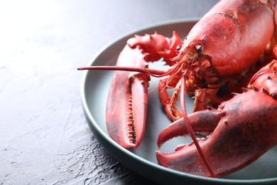 Photo of Delicious boiled lobster on black table, closeup. Space for text