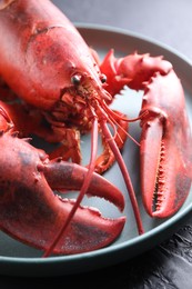 Photo of Delicious boiled lobster on black table, closeup