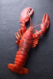 Photo of Delicious boiled lobster on black table, top view