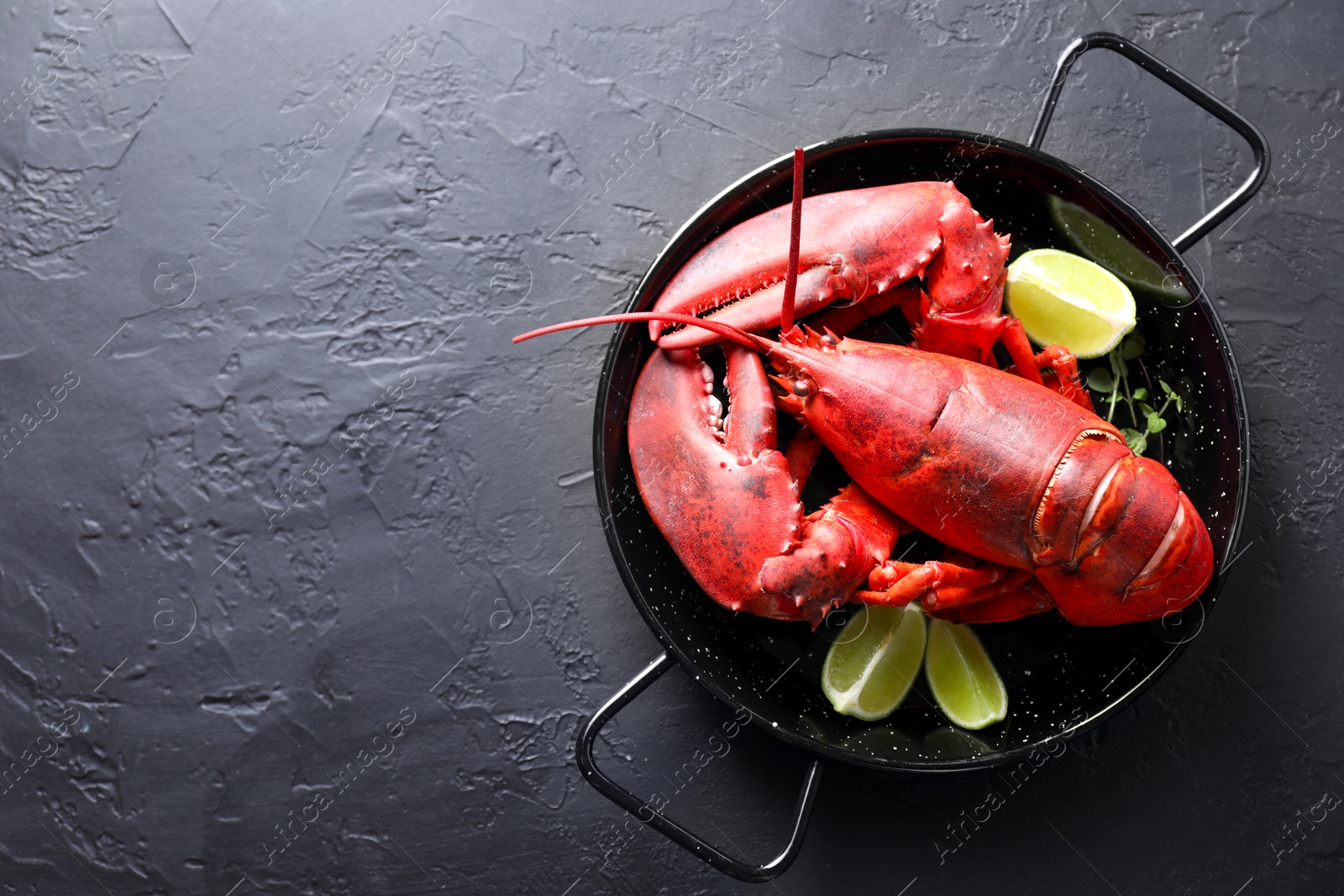 Photo of Delicious boiled lobster with lime pieces and microgreens on black table, top view. Space for text