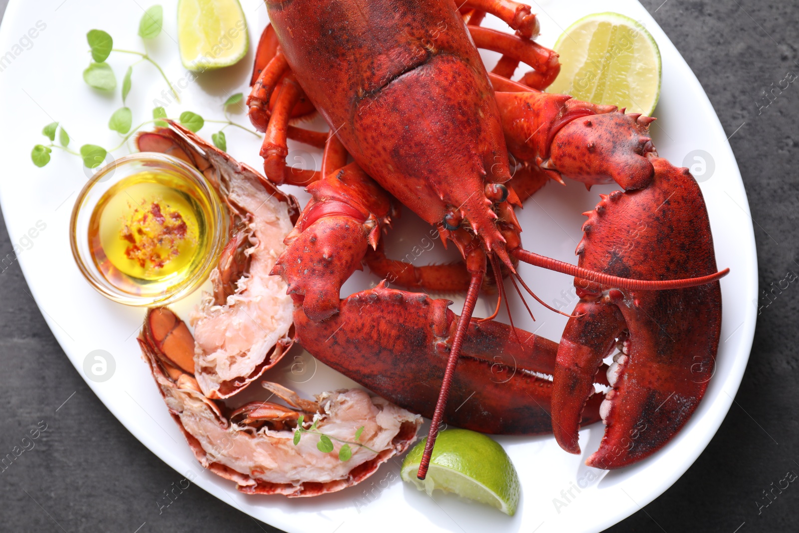 Photo of Delicious boiled lobster served on grey table, top view