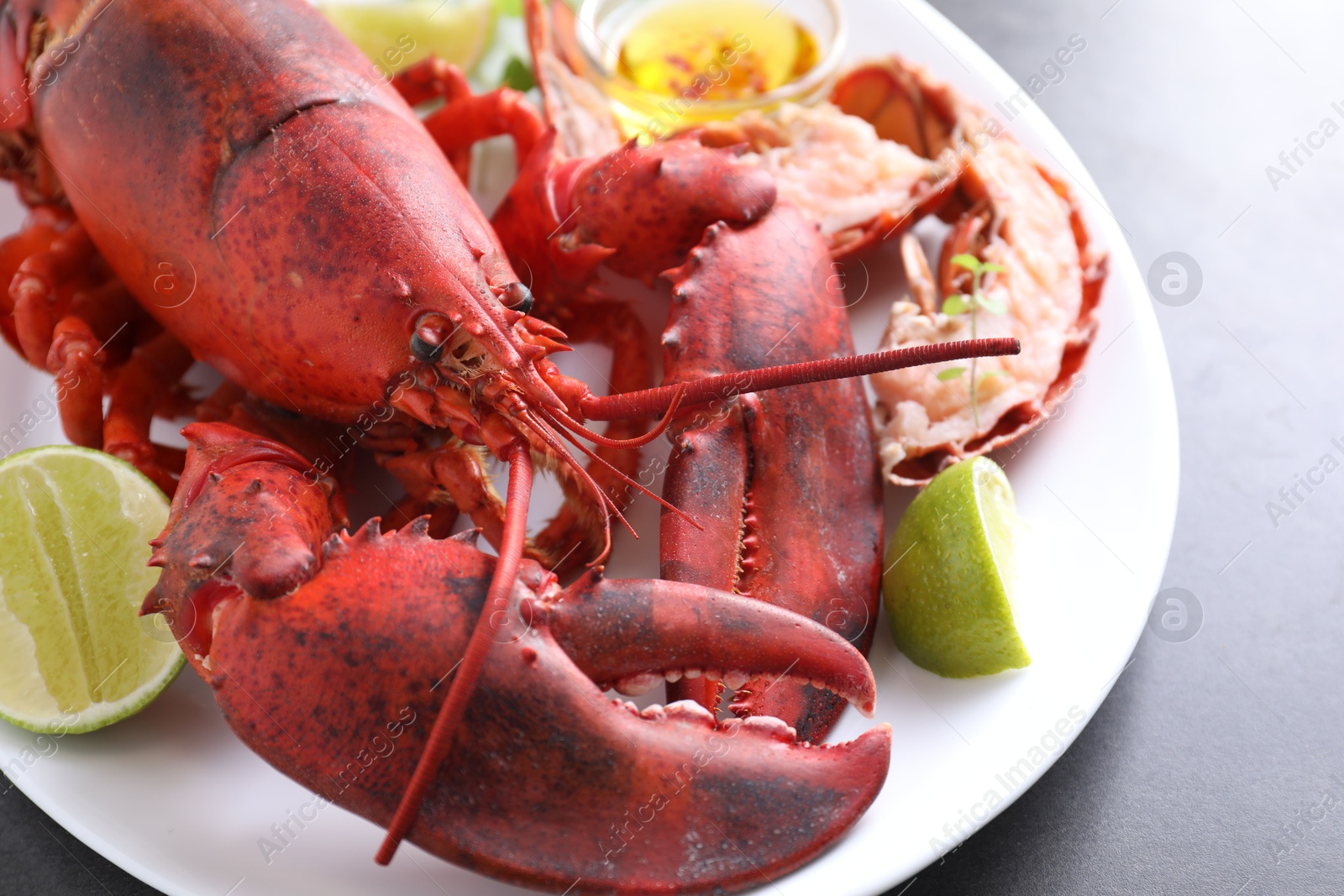 Photo of Delicious boiled lobster served on grey table, closeup