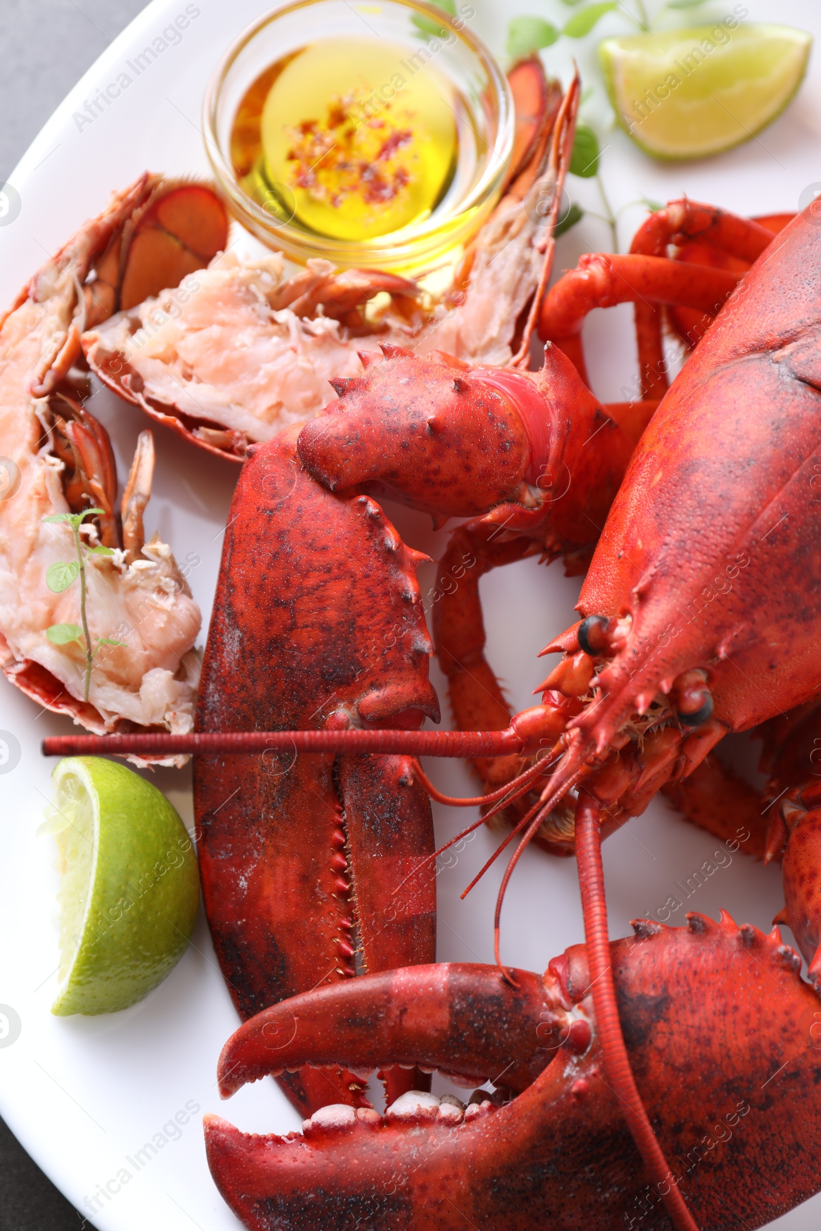 Photo of Delicious boiled lobster served on grey table, closeup