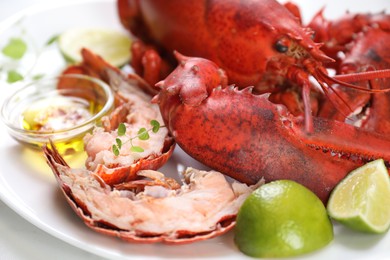 Photo of Delicious boiled lobster served on white table, closeup