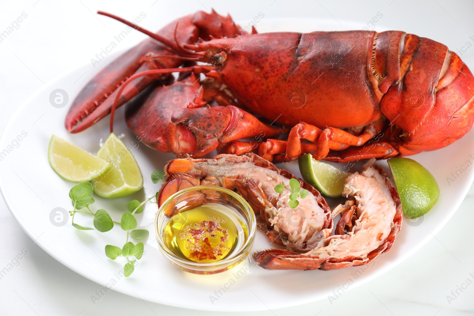 Photo of Delicious boiled lobster served on white table, closeup