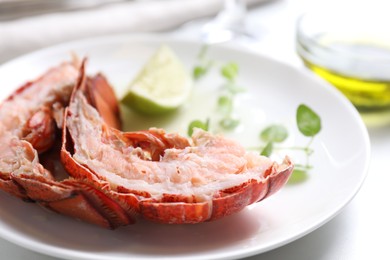 Photo of Delicious boiled lobster served on white table, closeup