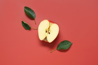 Photo of Half of apple and leaves on red background, flat lay